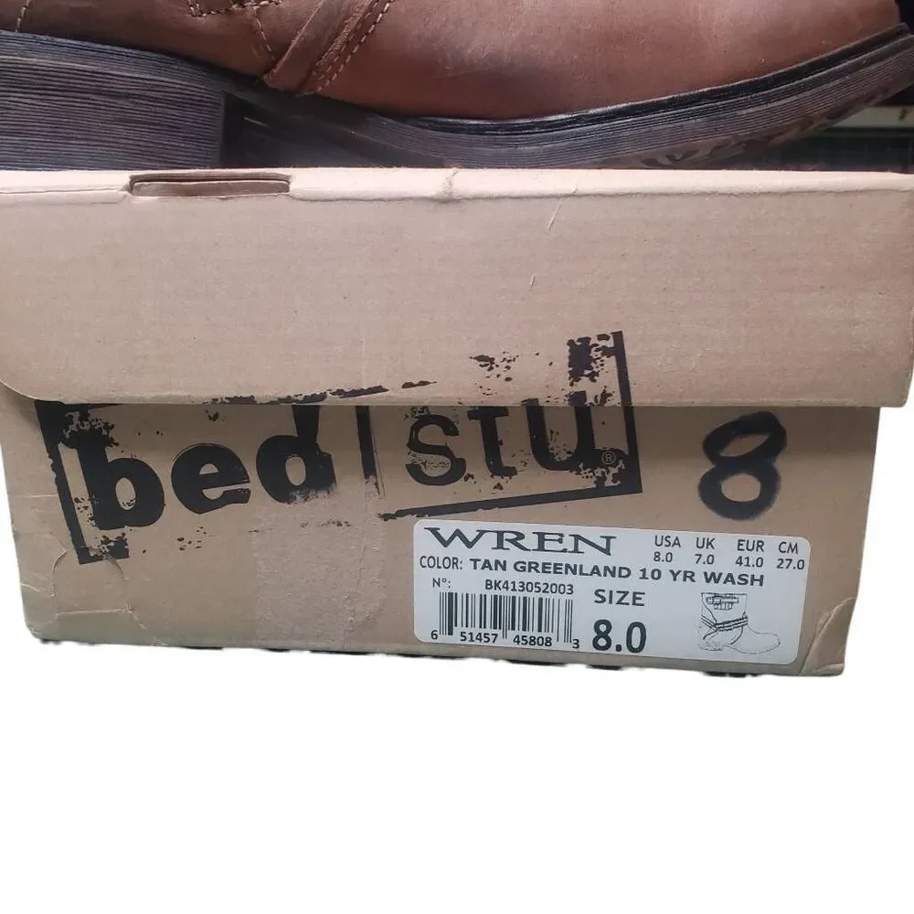 Bed Stu Wren Boots M 8, W 9.5 Tan 10 Year Wash Leather Buckle Moto Ankle
